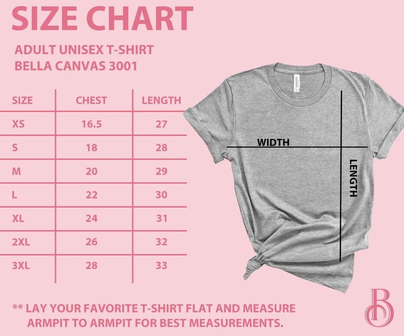 May include: A light gray adult unisex Bella Canvas 3001 t-shirt with a size chart. The chart shows chest and length measurements in inches for sizes XS to 3XL. The shirt is laid flat, with width and length indicators.