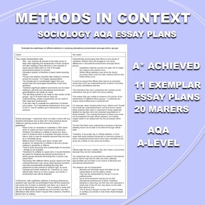 以下が含まれることがあります： 「コンテキストにおける方法」というタイトルの青と白のポスターと、「社会学 AQA エッセイプラン」というテキスト。ポスターには、「A* 達成」、「11 例題エッセイプラン」、「20 マーカー」、「AQA Aレベル」というテキストも含まれています。