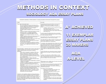 May include: A blue and white poster with the title "Methods in Context" and the text "Sociology AQA Essay Plans". The poster also includes the text "A* Achieved", "11 Exemplar Essay Plans", "20 Markers", "AQA A-Level".
