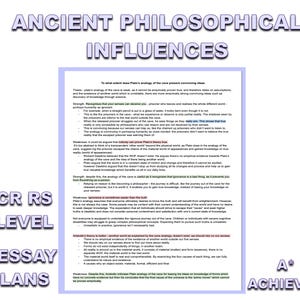 Puede incluir: Un documento de texto azul y blanco con el título "Influencias filosóficas antiguas". El documento trata sobre las estrategias de tres filósofos antiguos: Platón, Aristóteles y Sócrates. El texto incluye las palabras "OCR RS A-Level 4 Essay Plans A* Achieved".