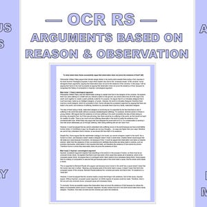 Puede incluir: Un póster morado y blanco con el texto "OCR Religious Studies" y "OCR RS Arguments Based on Reason & Observation". El póster también incluye el texto "A* Achieved Using Essay Plans!" y "X8 Top Band 40 Markers".