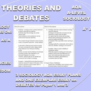 May include: A light blue and white poster with the title "Theories and Debates" in large, bold, black letters. The poster is divided into sections with headings such as "Sociology as a Science", "Sociology Informing Social Policies", and "Value Freedom Debate". The poster also includes a section titled "3 Sociology AQA Essay Plans and One Exemplar Essay on Debates for Paper 1 and 3".