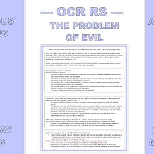 May include: A purple and white poster with the text "OCR Religious Studies - The Problem of Evil" and "A* Achieved Using Essay Plans!"  The poster also includes the text "X4 Essay Plans" and "X4 Top Band 40 Markers".