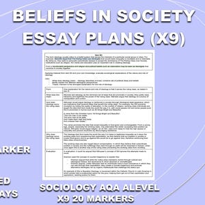 BELIEFS IN SOCIETY Essay Plans X9 A* Essay Plans aqa Sociology Alevel