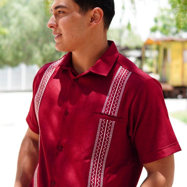 Red Wine Embroidered Guayabera Shirt