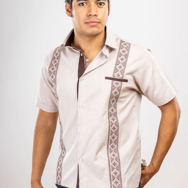 Light Brown Guayabera Shirt Embroidered Cross Stitch