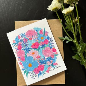 Bouquet de fleurs roses et bleues - Carte de voeux vierge - Pensée florale à vous