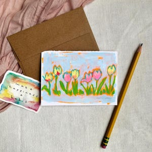 Tulipas em uma fileira Cartão de felicitações, Cartão de Páscoa, Cartão de Dia das Mães, Pintado à mão