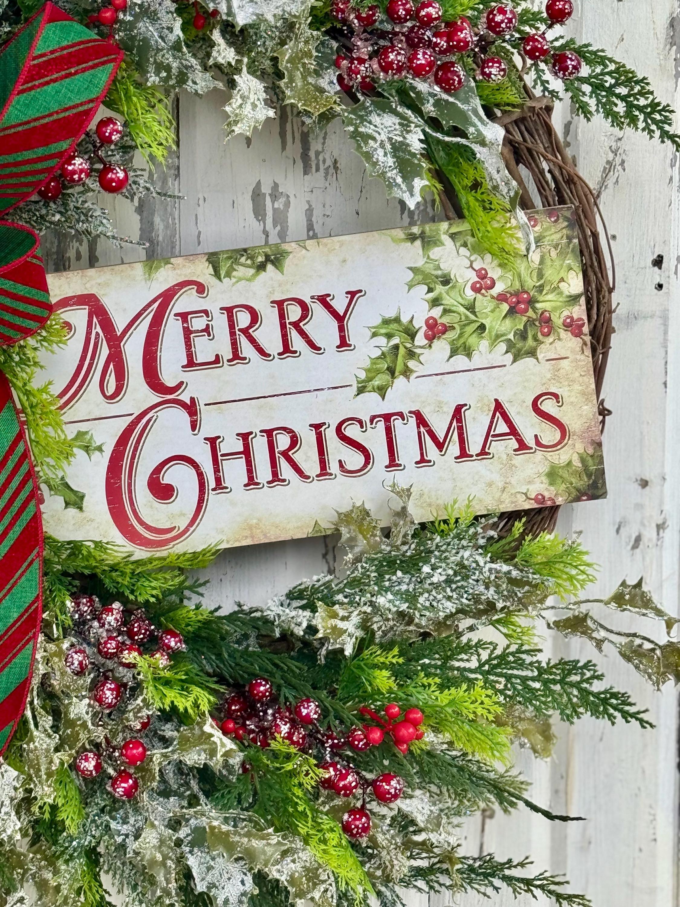 Farmhouse Christmas Wreath Farmhouse Christmas Wreath: Rustic Grapevine, Red Berries & Striped Bow