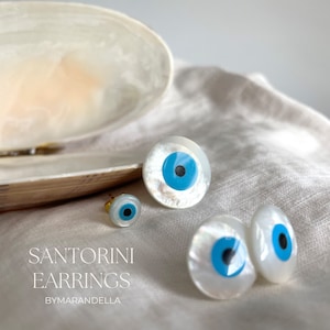 18K Gold Evil Eye Stud Earrings: Mother of Pearl Lucky Amulet