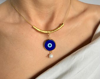 Evil Eye Necklace Gold Statement Choker Blue Nazar Pendant Pearl Drop Mediterranean Jewelry Protection Necklace Gift for Her