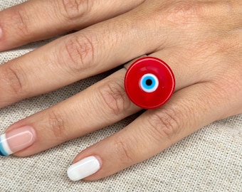 Red Murano Glass Evil Eye Ring Gold Plated Adjustable Band Ring Lucky Eye Protection Handmade Statement Red Evil Eye Jewelry
