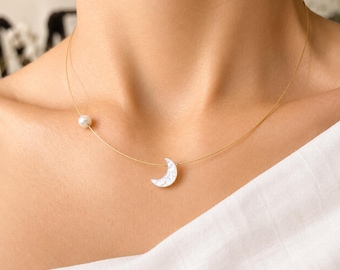 Gold Halbmond Halskette Perle Anhänger Perlmutt & Süßwasserperle Handgemachte Zierliche Choker Wasserdicht Schmuck Minimalist Halskette