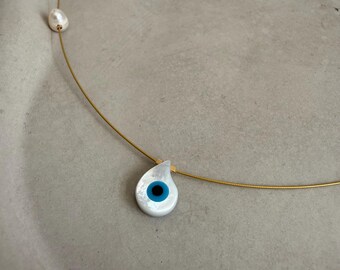 Tear Drop Evil Eye Necklace with Freshwater Pearl 14K Gold Cable Chain Water Resistance Good Luck Jewelry Unique Evil Eye Gift for Woman