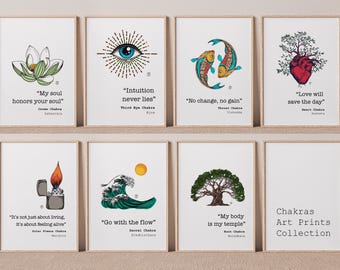 Set di stampe artistiche con 7 chakra, poster con citazioni spirituali per l'arredamento della stanza, stampe fisiche con citazioni spirituali e illustrazioni, regalo per la guarigione.