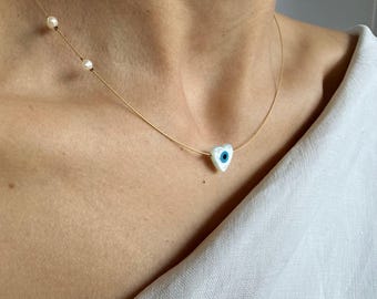 Dainty Evil Eye Heart Necklace Shell Amulet and Freshwater Pearl 14K Gold-Filled for Non Tarnish and Water resistance Jewelry Lucky Charm