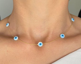 Evil Eye Necklace Mother of Pearl Beads 14k Gold Filled Waterproof Everyday Evil Eye Protection Jewelry Minimalist Handmade Gift for Her