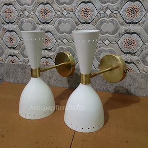 1950&#39;s Mid Century Brass Italian Diabolo Wall Sconce Light Fixture 2 Bulb Pair