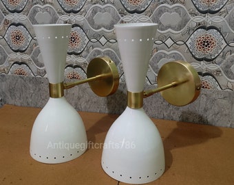 1950's Mid Century Brass Italian Diabolo Wall Sconce Light Fixture 2 Bulb Pair