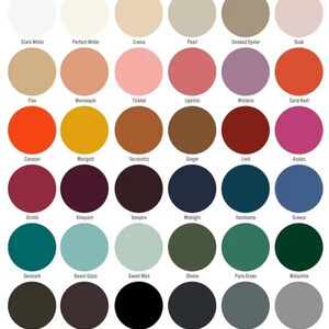 May include: A color palette featuring 36 circular swatches, each with a unique color and name. Colors range from stark white and perfect white to black and dove, including shades like lipstick, marigold, and midnight.