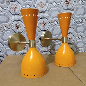 1950's Mid Century Brass Italian Diabolo Wall Sconce Light Fixture 2 Bulb Pair