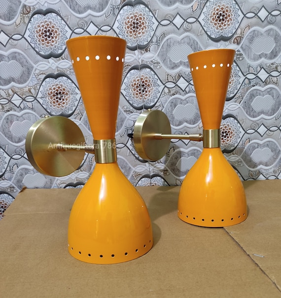 1950's Mid Century Brass Italian Diabolo Wall Sconce Light Fixture 2 Bulb Pair