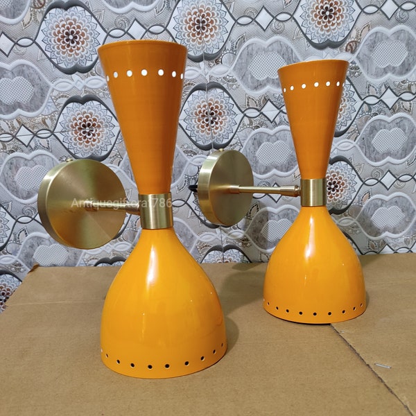 1950's Mid Century Brass Italian Diabolo Wall Sconce Light Fixture 2 Bulb Pair