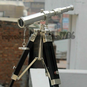Shiny Silver Nautical Polished Brass Telescope With Wooden Tripod Stand Desk Decor
