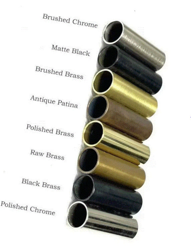 May include: A collection of cylindrical metal tubes in various finishes, including Brushed Chrome, Matte Black, Brushed Brass, Antique Patina, Polished Brass, Raw Brass, Black Brass, and Polished Chrome. The text labels each finish.