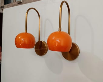 1950er Jahre Mid Century Messing Wand Scone Druck Lichter Wandleuchte Massiv Messing Orange Shade Wand Scones Home Decor