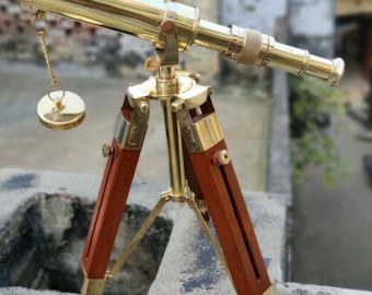 Maritime Nautical Polished Brass Telescope With Wooden Tripod Stand Desk Decor