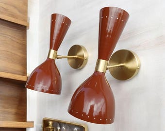 1950 Mid Century Italian Brass Wall Sconce Pair Brown Wall Fixture Diabolo Lamp