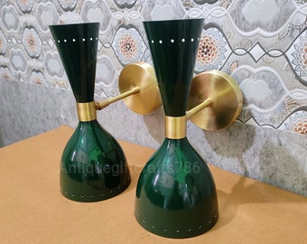 Mid-Century Modern Brass Diabolo Wall Sconce Pair - Dark Green Italian Lighting