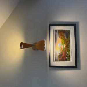 May include: A mid-century modern wall sconce with a brown and tan finish, mounted on a silver base. The sconce has a double-cone design with small perforations for light. A framed artwork hangs nearby.