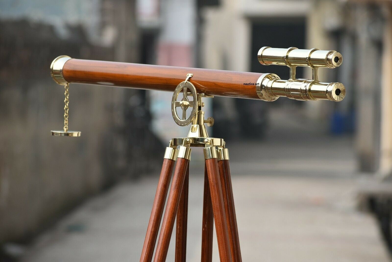 Nautical Brass 39 Inch Telescope With Wooden Tripod Stand Antique