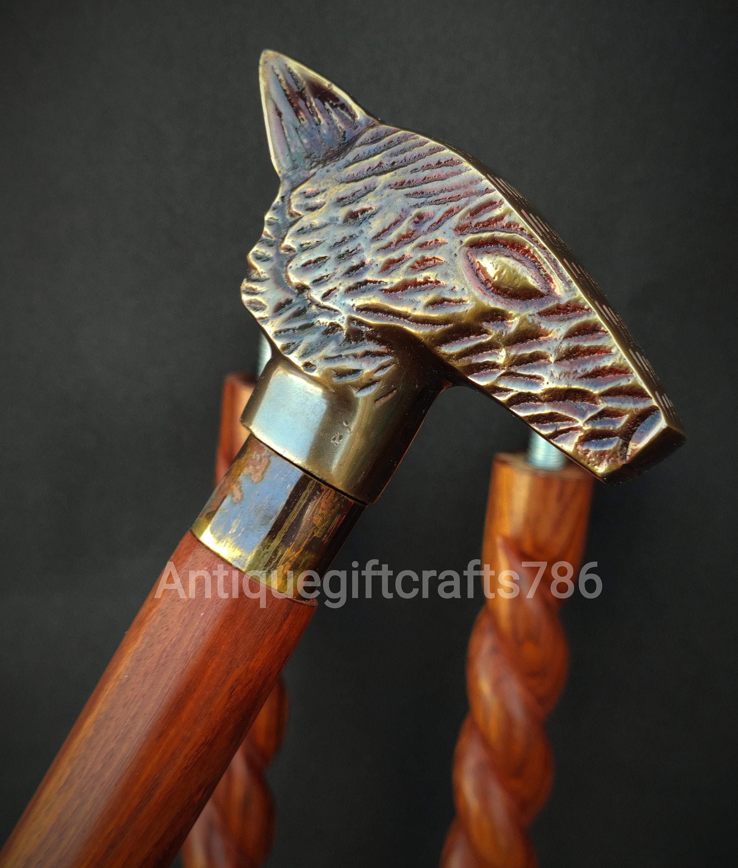 Brass WOLF HEAD Handle Victorian Style Wood Walking Brown Stick Cane Vintage 