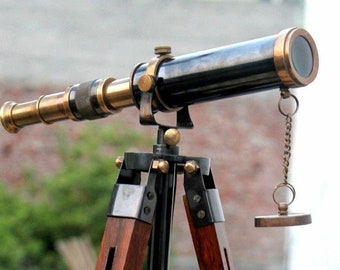 Brass Antique Telescope W/Wooden Adjustable Tripod Working Astrolabe Telescope Gift