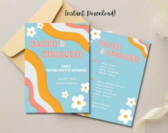 Blue Dazed and Engaged Bachelorette Itinerary | Digital and Printable Weekend Itinerary | Groovy Bachelorette | Editable Itinerary Template