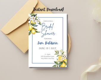 Elegant Summer Lemon Theme Shower Invitation Editable Template | Baby Shower or Bridal Shower Blue Lemon Citrus Canva Template