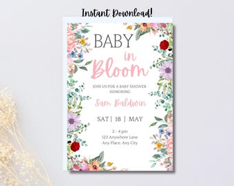 Baby in Bloom Baby Shower Invitation Editable Template | Spring Florals Baby Shower | Floral Design