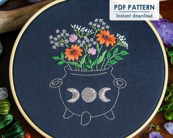 Wildflower Witch Cauldron Planter Hand Embroidery Pattern, PDF Download, Magical Thread Painting