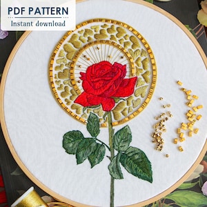 Red Rose Hand Embroidery Pattern, PDF Download, Thread Painting, Bead Embroidery, & Goldwork Tutorial