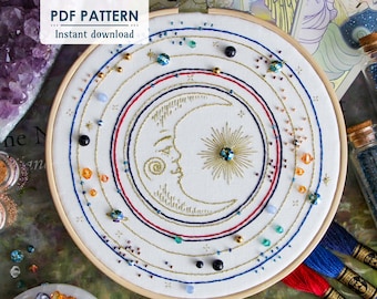 Moon Galaxy Hand Embroidery Pattern, PDF Download, Easy Bead Embroidery Pattern with Step by Step Tutorial