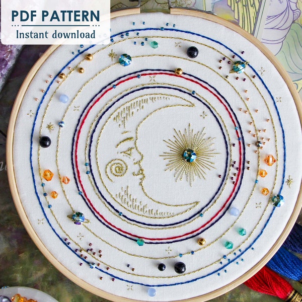 Moon Galaxy Hand Embroidery Pattern, PDF Download, Easy Bead Embroidery Pattern with Step by Step Tutorial