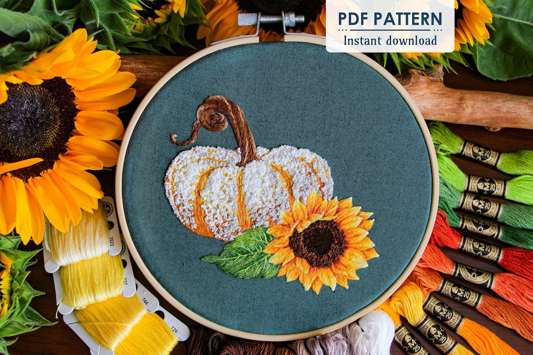 Autumn Pumpkin and Sunflower Hand Embroidery Pattern, PDF Download, DIY ...