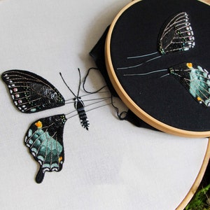 Closer view of 2 embroidery hoops of the 3D butterfly before assembly. One hoop with the butterfly wings on black fabric, and a larger hoop with the butterfly body on white fabric and cut out left side wings.