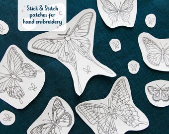Pegatinas de bordado con diseño de mariposas y puntadas: transferencias de patrones lavables