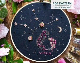 Virgo Star Sign Zodiac Hand Embroidery Pattern, PDF Download, DIY Constellation Hoop Art