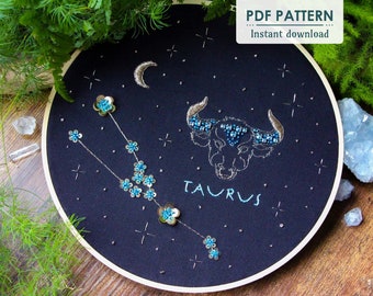 Taurus Zodiac Hand Embroidery Pattern, Downloadable PDF, Beginner Bead Embroidery, Hoop Art