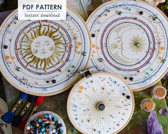 Pattern Bundle 3 Sun Moon Star Hand Embroidery Patterns, PDF Download, Easy Bead Embroidery Patterns with Step by Step Tutorials